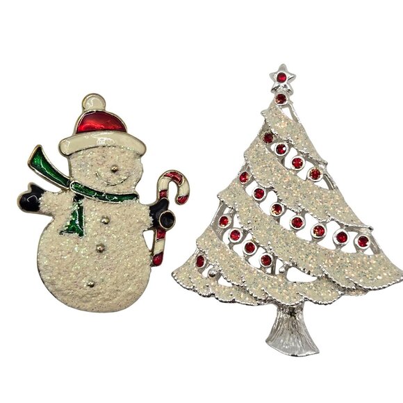 VTG Brooches Christmas 2PC Set Frosted Sugar Enamel  Snowman Christmas Tree Pins - Picture 1 of 10